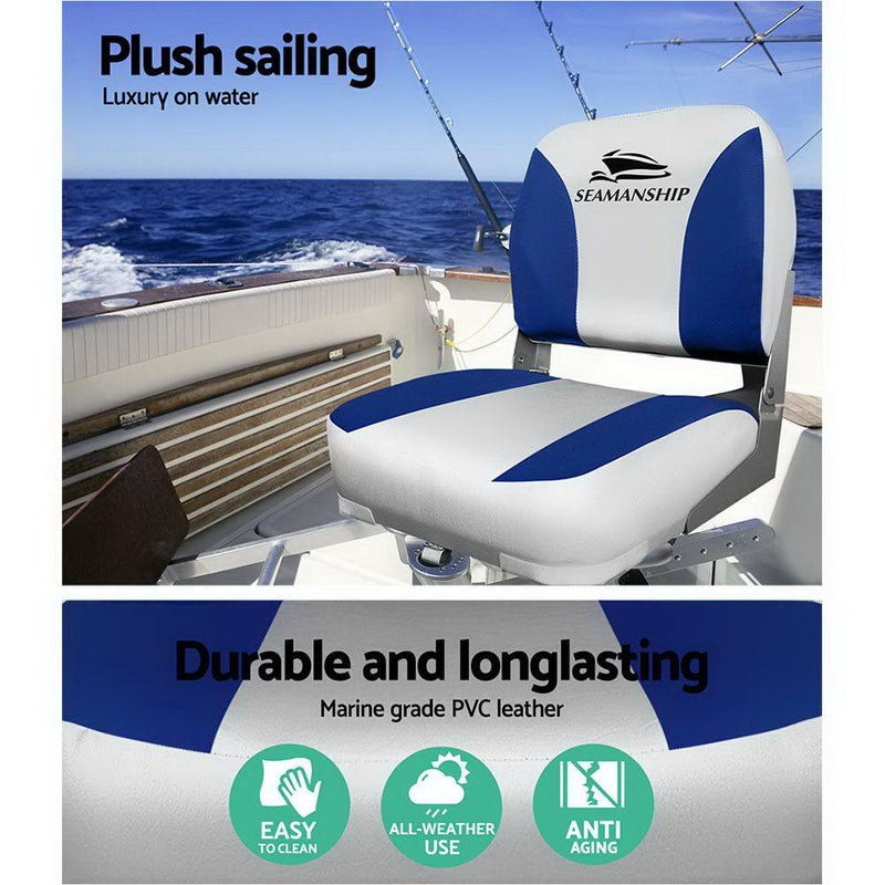 Load image into Gallery viewer, Seamanship 2X Folding Boat Seats Marine Swivel Low Back 13cm Padding Grey Blue
