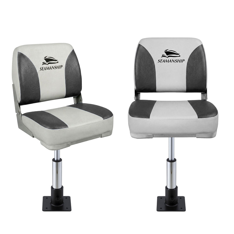 Load image into Gallery viewer, Seamanship 2X Folding Boat Seats with 2X Adjustable Pedestals 34–46cm Marine Swivel Low Back 13cm Padding Charcoal
