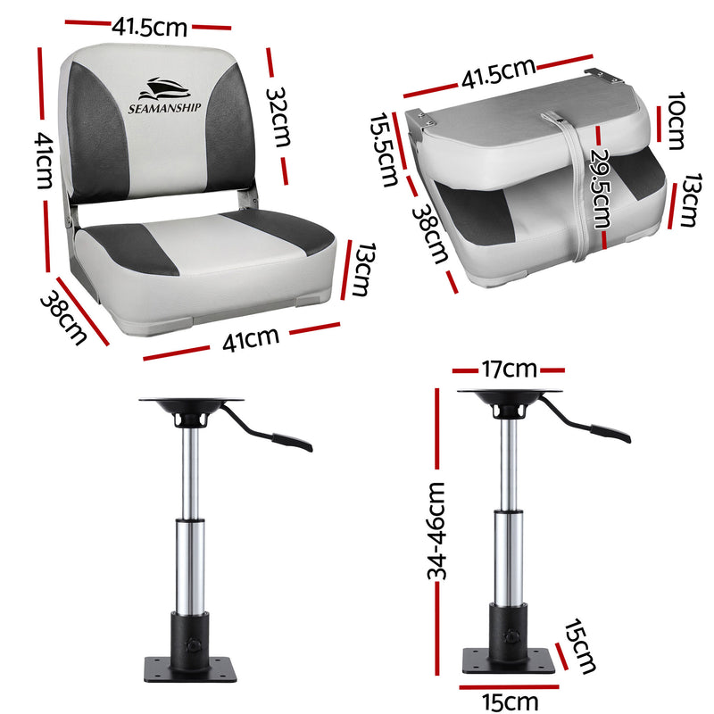 Load image into Gallery viewer, Seamanship 2X Folding Boat Seats with 2X Adjustable Pedestals 34–46cm Marine Swivel Low Back 13cm Padding Charcoal

