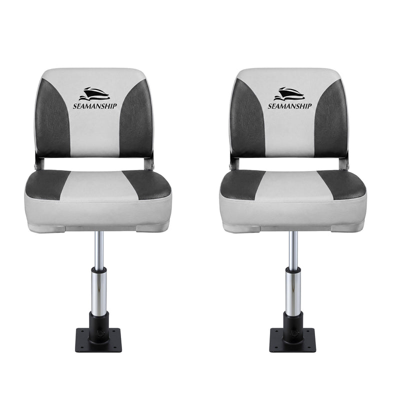 Load image into Gallery viewer, Seamanship 2X Folding Boat Seats with 2X Adjustable Pedestals 34–46cm Marine Swivel Low Back 13cm Padding Charcoal
