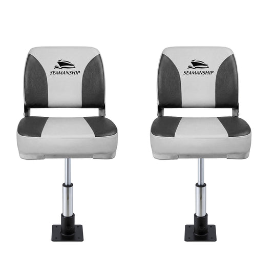 Seamanship 2X Folding Boat Seats with 2X Adjustable Pedestals 34–46cm Marine Swivel Low Back 13cm Padding Charcoal