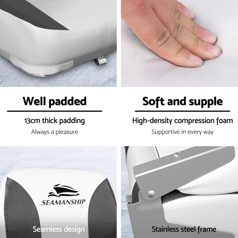 Load image into Gallery viewer, Seamanship 2X Folding Boat Seats with 2X Adjustable Pedestals 34–46cm Marine Swivel Low Back 13cm Padding Charcoal
