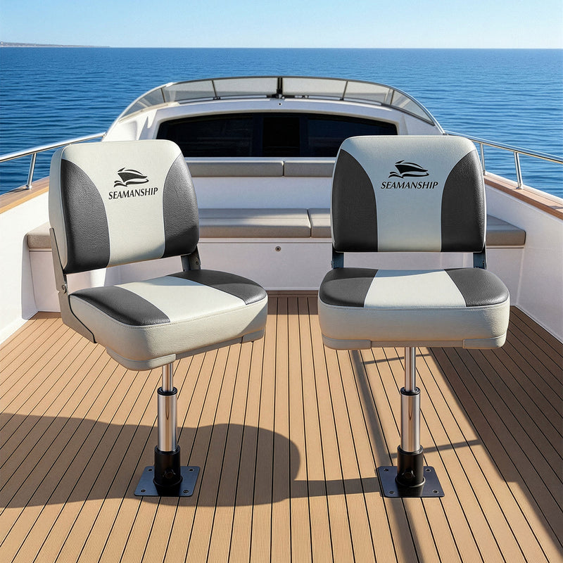 Load image into Gallery viewer, Seamanship 2X Folding Boat Seats with 2X Adjustable Pedestals 34–46cm Marine Swivel Low Back 13cm Padding Charcoal
