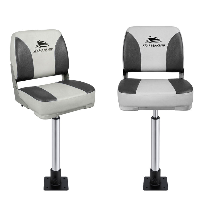 Load image into Gallery viewer, Seamanship 2X Folding Boat Seats with 2X Adjustable Pedestals 55–75cm Marine Swivel Low Back 13cm Padding Charcoal
