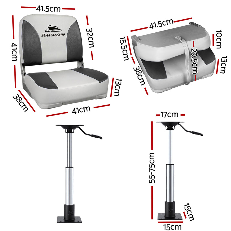 Load image into Gallery viewer, Seamanship 2X Folding Boat Seats with 2X Adjustable Pedestals 55–75cm Marine Swivel Low Back 13cm Padding Charcoal

