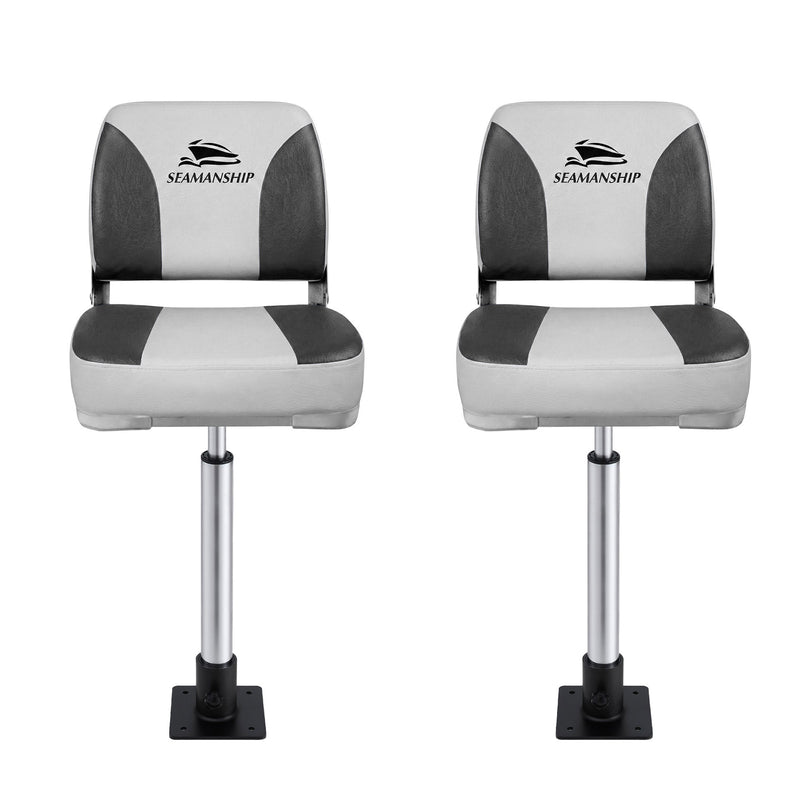 Load image into Gallery viewer, Seamanship 2X Folding Boat Seats with 2X Adjustable Pedestals 55–75cm Marine Swivel Low Back 13cm Padding Charcoal
