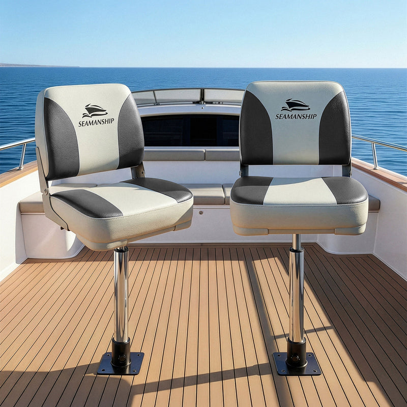 Load image into Gallery viewer, Seamanship 2X Folding Boat Seats with 2X Adjustable Pedestals 55–75cm Marine Swivel Low Back 13cm Padding Charcoal
