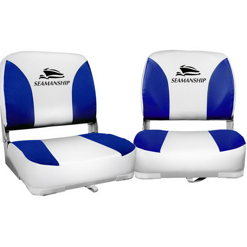 Load image into Gallery viewer, Seamanship 2X Folding Boat Seats Marine Swivel Low Back 13cm Padding White Blue
