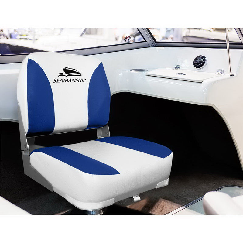 Load image into Gallery viewer, Seamanship 2X Folding Boat Seats Marine Swivel Low Back 13cm Padding White Blue
