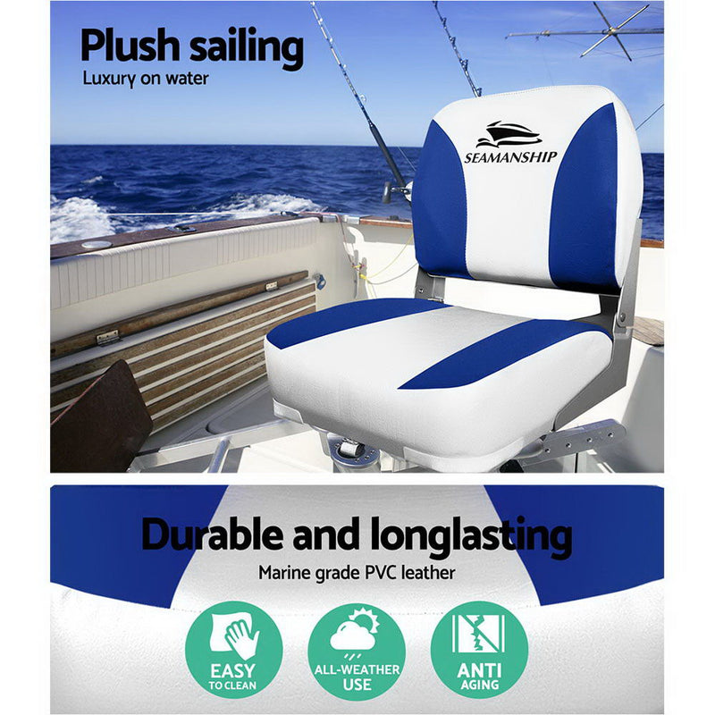 Load image into Gallery viewer, Seamanship 2X Folding Boat Seats Marine Swivel Low Back 13cm Padding White Blue
