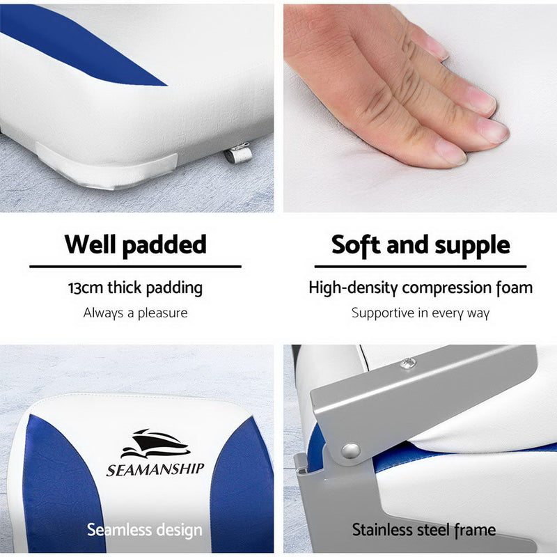 Load image into Gallery viewer, Seamanship 2X Folding Boat Seats Marine Swivel Low Back 13cm Padding White Blue
