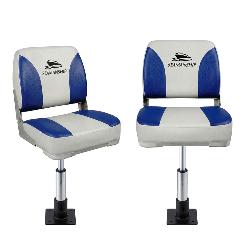 Load image into Gallery viewer, Seamanship 2X Folding Boat Seats with 2X Adjustable Pedestals 34–46cm Marine Swivel Low Back 13cm Padding White Blue
