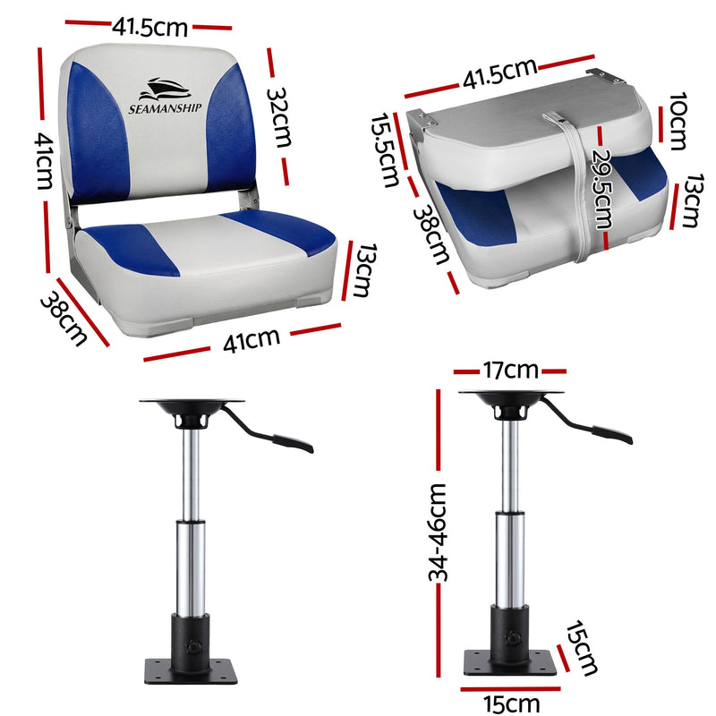 Load image into Gallery viewer, Seamanship 2X Folding Boat Seats with 2X Adjustable Pedestals 34–46cm Marine Swivel Low Back 13cm Padding White Blue
