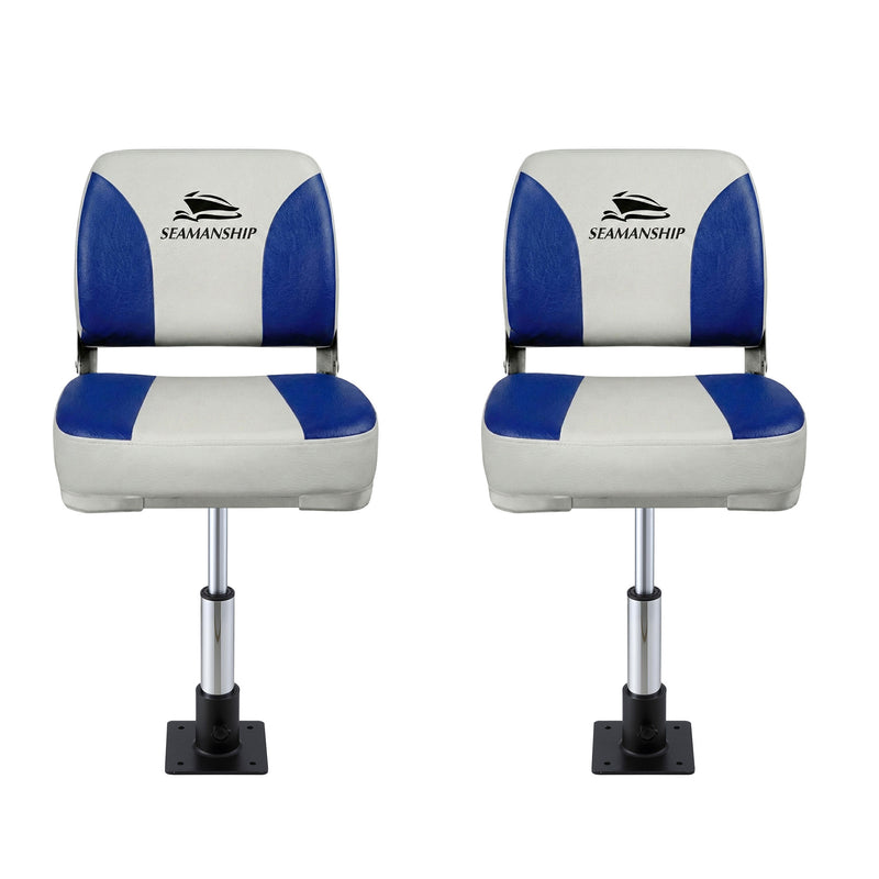 Load image into Gallery viewer, Seamanship 2X Folding Boat Seats with 2X Adjustable Pedestals 34–46cm Marine Swivel Low Back 13cm Padding White Blue

