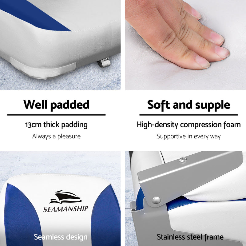 Load image into Gallery viewer, Seamanship 2X Folding Boat Seats with 2X Adjustable Pedestals 34–46cm Marine Swivel Low Back 13cm Padding White Blue
