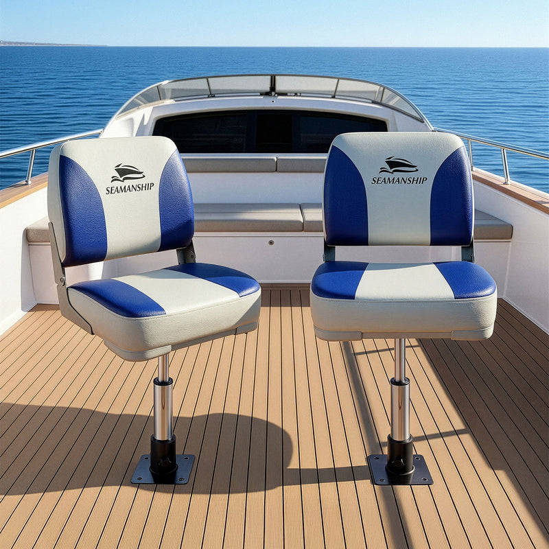 Load image into Gallery viewer, Seamanship 2X Folding Boat Seats with 2X Adjustable Pedestals 34–46cm Marine Swivel Low Back 13cm Padding White Blue
