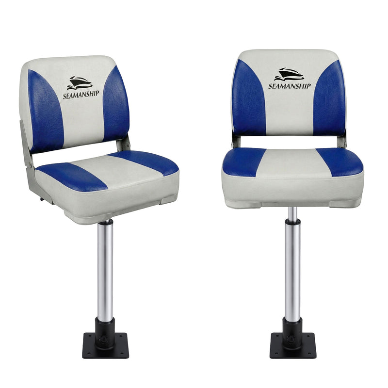 Load image into Gallery viewer, Seamanship 2X Folding Boat Seats with 2X Adjustable Pedestals 55–75cm Marine Swivel Low Back 13cm Padding White Blue
