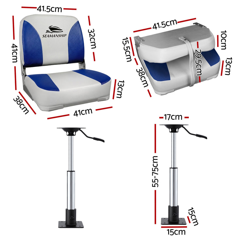 Load image into Gallery viewer, Seamanship 2X Folding Boat Seats with 2X Adjustable Pedestals 55–75cm Marine Swivel Low Back 13cm Padding White Blue
