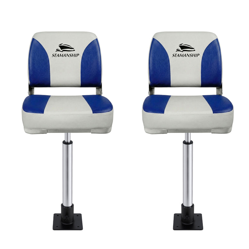 Load image into Gallery viewer, Seamanship 2X Folding Boat Seats with 2X Adjustable Pedestals 55–75cm Marine Swivel Low Back 13cm Padding White Blue
