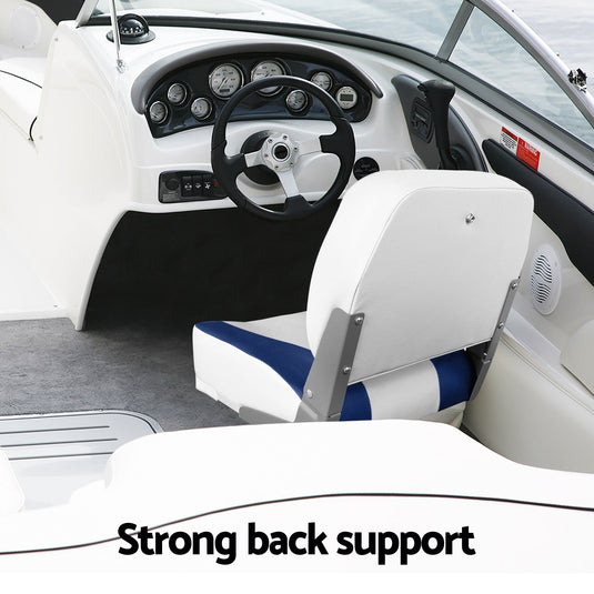 Seamanship 2X Folding Boat Seats with 2X Adjustable Pedestals 55–75cm Marine Swivel Low Back 13cm Padding White Blue