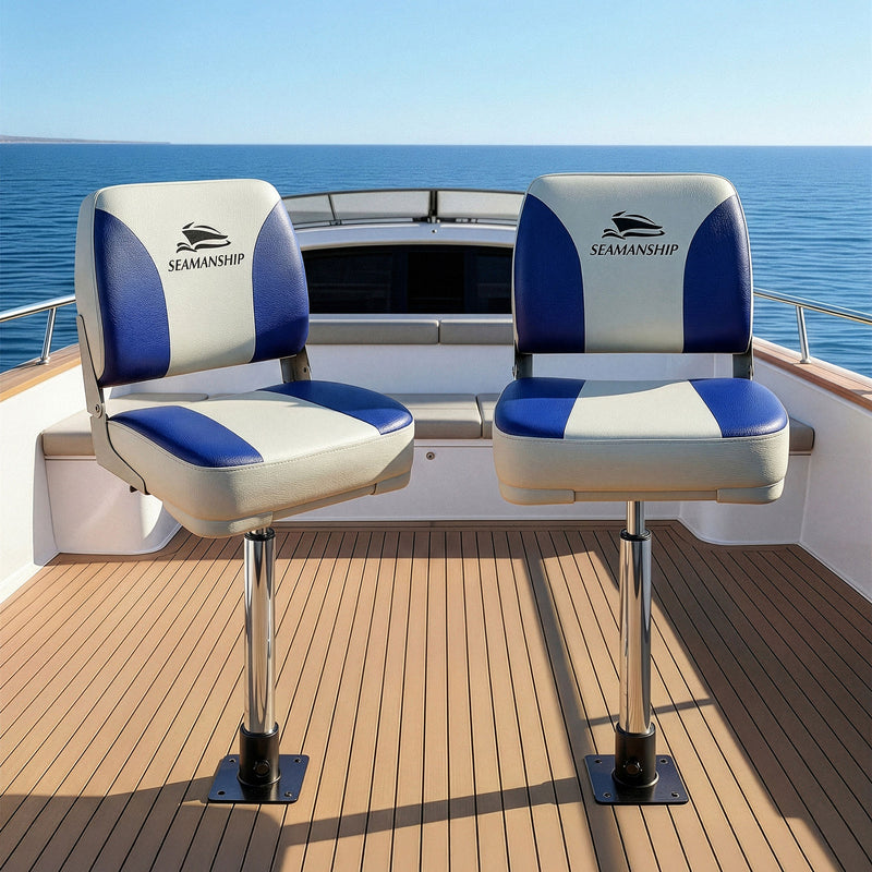 Load image into Gallery viewer, Seamanship 2X Folding Boat Seats with 2X Adjustable Pedestals 55–75cm Marine Swivel Low Back 13cm Padding White Blue
