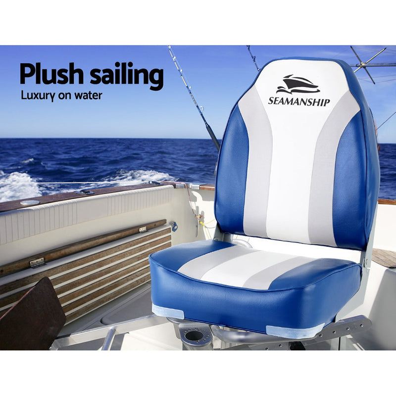 Load image into Gallery viewer, Seamanship 2X Folding Boat Seats Marine Seat Swivel High Back 12cm Padding Blue
