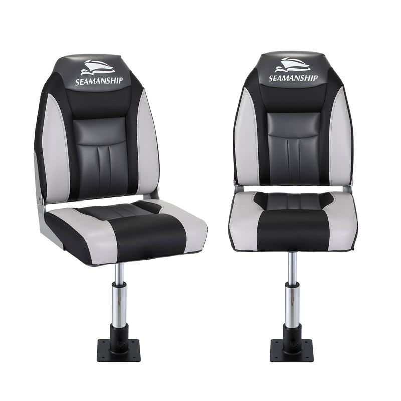 Load image into Gallery viewer, Seamanship 2X Folding Boat Seats with 2X Adjustable Pedestals 34–46cm Marine Seat Swivel High Back 12cm Padding Black
