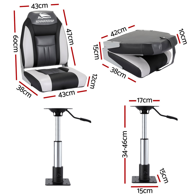 Load image into Gallery viewer, Seamanship 2X Folding Boat Seats with 2X Adjustable Pedestals 34–46cm Marine Seat Swivel High Back 12cm Padding Black
