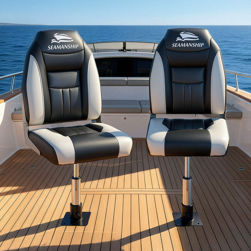 Load image into Gallery viewer, Seamanship 2X Folding Boat Seats with 2X Adjustable Pedestals 34–46cm Marine Seat Swivel High Back 12cm Padding Black

