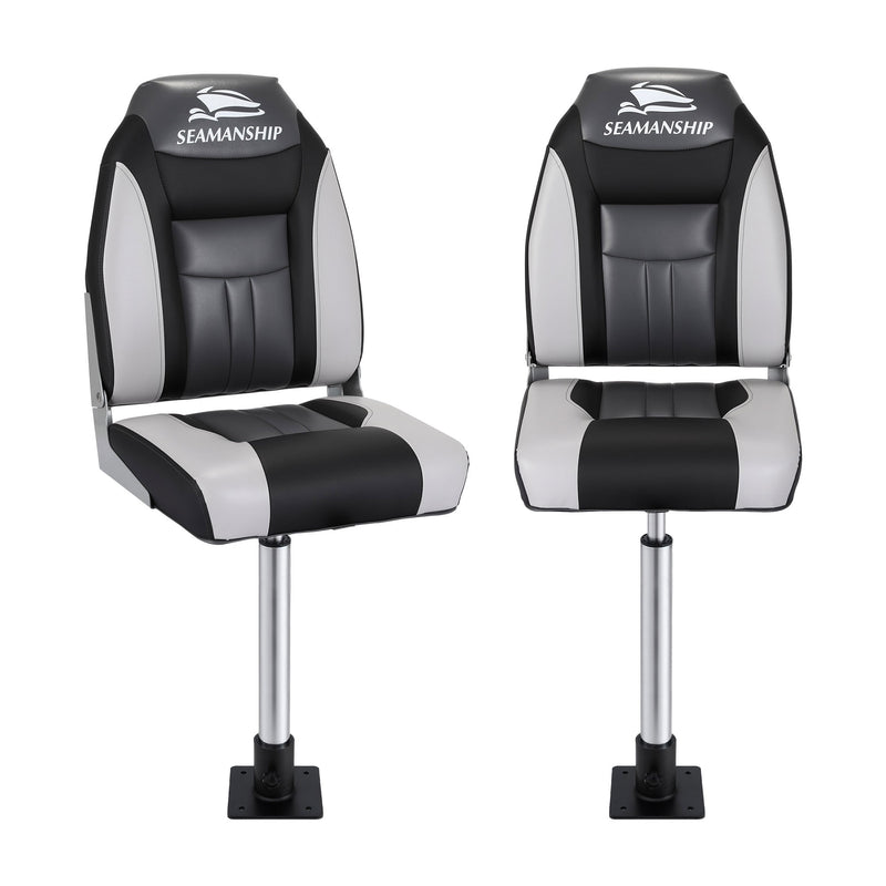 Load image into Gallery viewer, Seamanship 2X Folding Boat Seats with 2X Adjustable Pedestals 55–75cm Marine Seat Swivel High Back 12cm Padding Black
