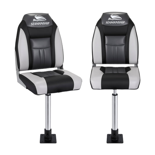 Seamanship 2X Folding Boat Seats with 2X Adjustable Pedestals 55–75cm Marine Seat Swivel High Back 12cm Padding Black