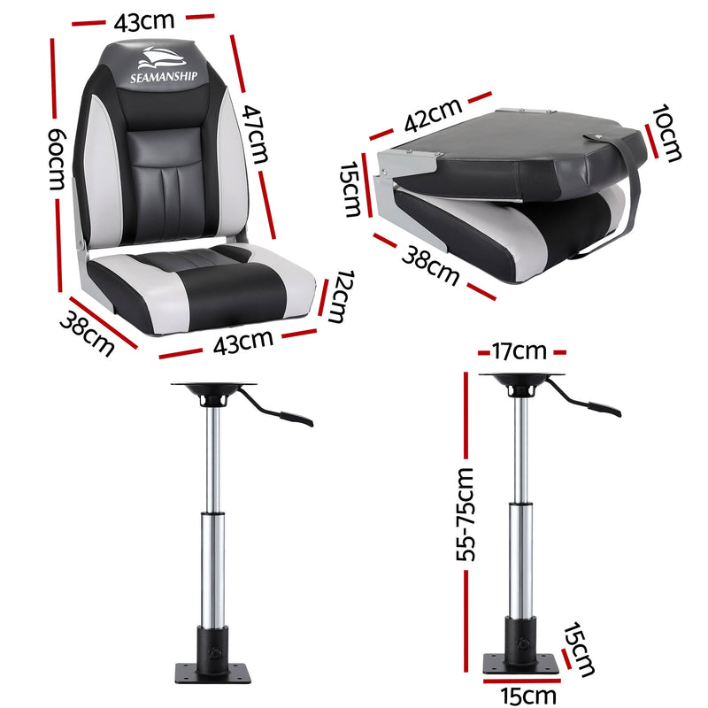 Load image into Gallery viewer, Seamanship 2X Folding Boat Seats with 2X Adjustable Pedestals 55–75cm Marine Seat Swivel High Back 12cm Padding Black
