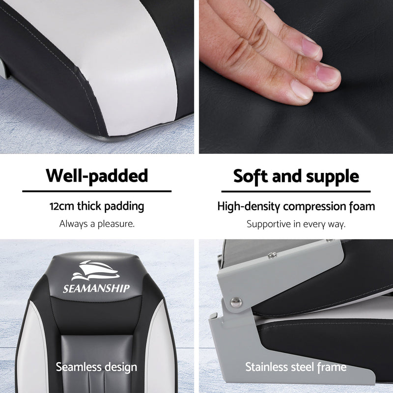 Load image into Gallery viewer, Seamanship 2X Folding Boat Seats with 2X Adjustable Pedestals 55–75cm Marine Seat Swivel High Back 12cm Padding Black
