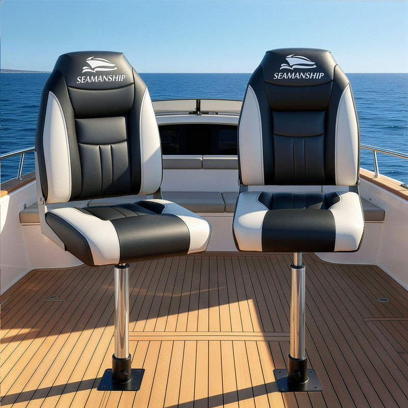 Load image into Gallery viewer, Seamanship 2X Folding Boat Seats with 2X Adjustable Pedestals 55–75cm Marine Seat Swivel High Back 12cm Padding Black

