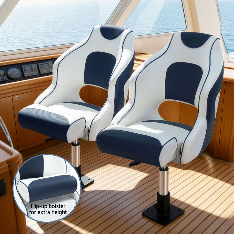 Load image into Gallery viewer, Seamanship Captain Bucket Boat Seats Flip Up Bolster Swivel 15cm Padding with Adjustable Pedestals 34–46cm Blue
