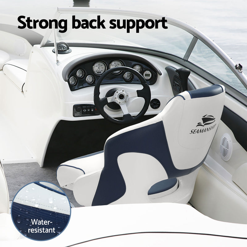 Load image into Gallery viewer, Seamanship Captain Bucket Boat Seats Flip Up Bolster Swivel 15cm Padding with Adjustable Pedestals 34–46cm Blue
