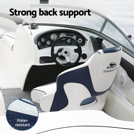 Seamanship Captain Bucket Boat Seats Flip Up Bolster Swivel 15cm Padding with Adjustable Pedestals 34–46cm Blue