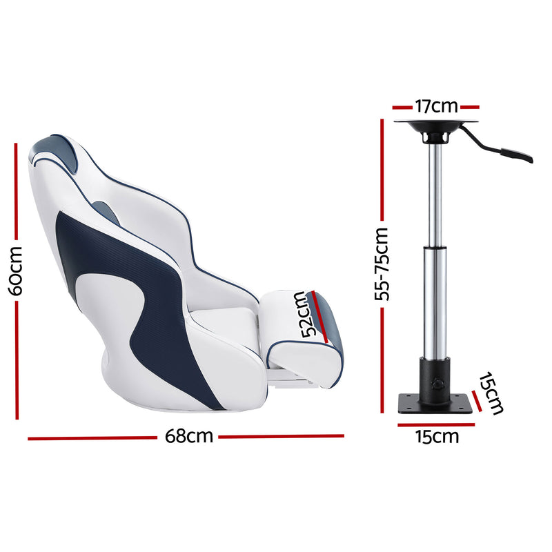 Load image into Gallery viewer, Seamanship Captain Bucket Boat Seats Flip Up Bolster Swivel 15cm Padding with Adjustable Pedestals 55–75cm Blue
