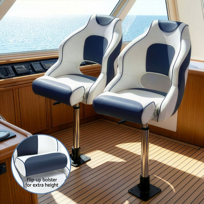 Load image into Gallery viewer, Seamanship Captain Bucket Boat Seats Flip Up Bolster Swivel 15cm Padding with Adjustable Pedestals 55–75cm Blue
