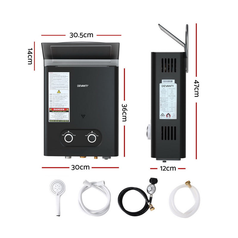 Load image into Gallery viewer, Devanti Portable Gas Water Heater 6L/Min LPG System Black
