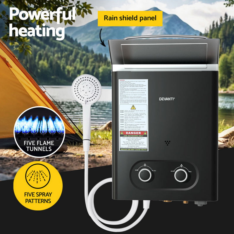 Load image into Gallery viewer, Devanti Portable Gas Water Heater 6L/Min LPG System Black
