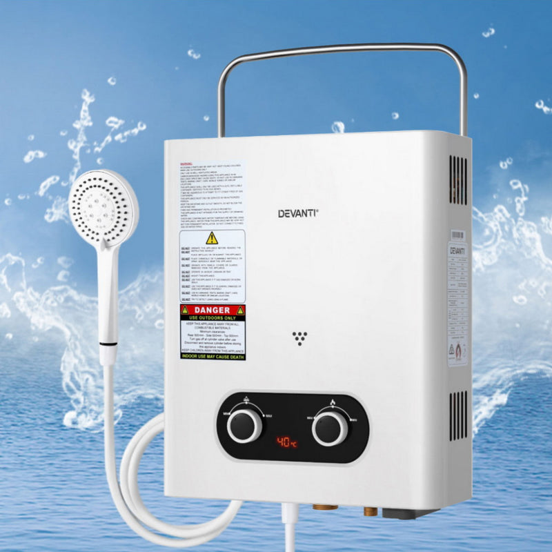 Load image into Gallery viewer, Devanti Portable Gas Water Heater 6LPM Outdoor Camping Shower White
