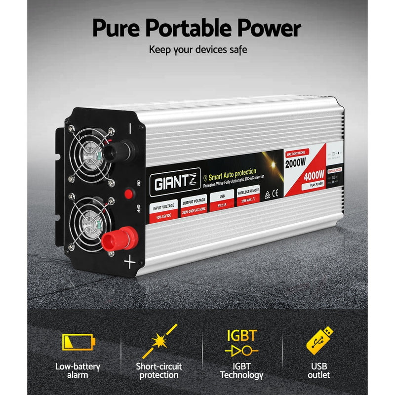 Load image into Gallery viewer, Giantz Power Inverter 2000W or 4000W Pure Sine Wave 12V-240V Camping Boat Caravan
