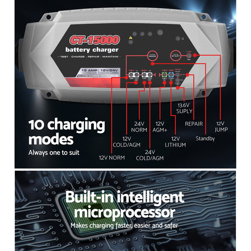 Load image into Gallery viewer, 12V Automotive Car Battery Charger 24V 15Amp Smart Vehicle Truck Chargers AGM
