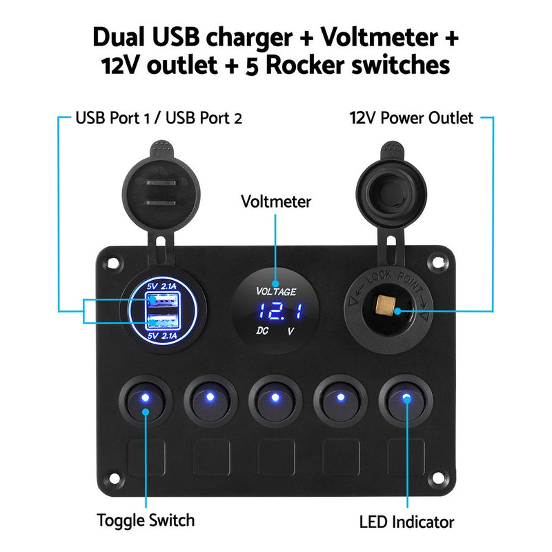 Load image into Gallery viewer, Giantz 5 Gang 12V Switch Panel For Car Boat Marine USB ON-OFF LED Rocker Toggle
