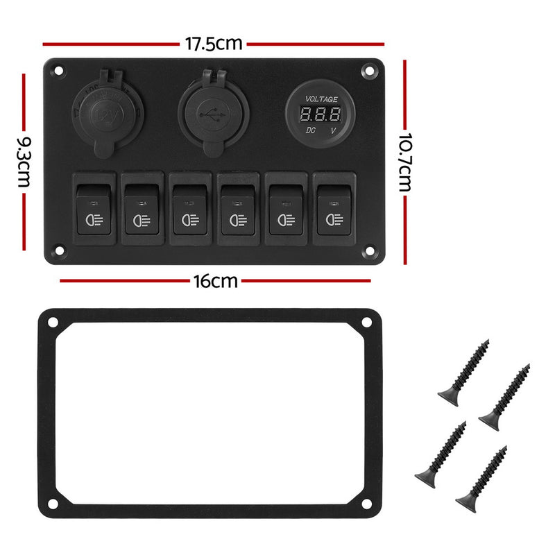Load image into Gallery viewer, Giantz 6 Gang 12V Switch Panel For Car Boat Marine USB ON-OFF LED Rocker Toggle
