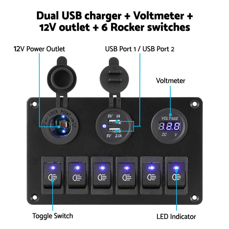 Load image into Gallery viewer, Giantz 6 Gang 12V Switch Panel For Car Boat Marine USB ON-OFF LED Rocker Toggle
