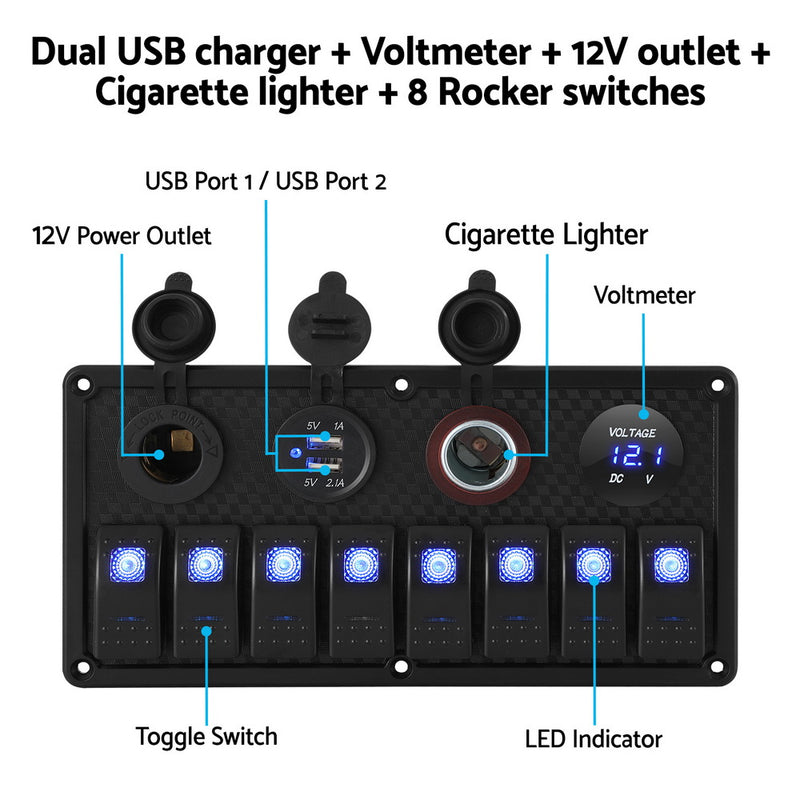 Load image into Gallery viewer, Giantz 8 Gang 12V Switch Panel For Car Boat Marine USB ON-OFF LED Rocker Toggle
