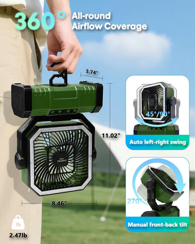 Load image into Gallery viewer, 20000mAh Portable Camping Fan, Rechargeable Battery Operated Oscillating Camp Tent Fan W/Remote control, 4 Speeds, LED lights &amp; 360° Rotation Hook for Outdoor RV Travel Green
