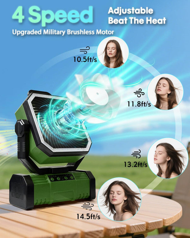 Load image into Gallery viewer, 20000mAh Portable Camping Fan, Rechargeable Battery Operated Oscillating Camp Tent Fan W/Remote control, 4 Speeds, LED lights &amp; 360° Rotation Hook for Outdoor RV Travel Green
